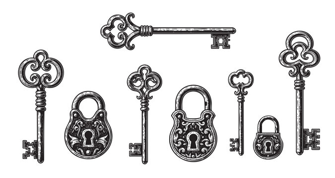 Intricately Designed Victorian Key Collection with Medieval Gothic Style Locks Vector Illustration. padlocks engraving