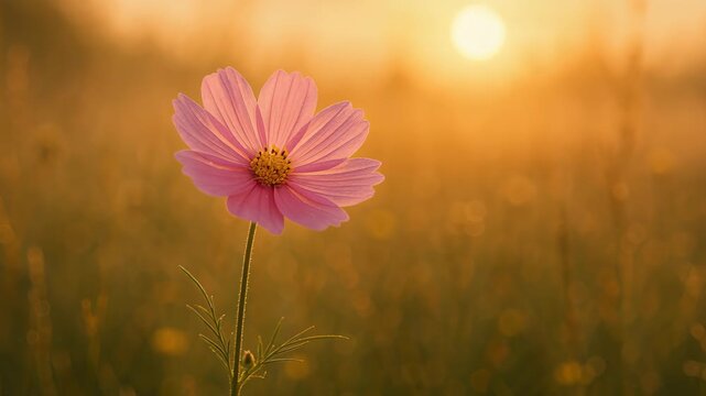 Pink Cosmos Bloom in Golden Hour: A delicate pink cosmos flower gracefully stands tall in a field, basking in the warm glow of the setting sun, an ode to the beauty and tranquility of nature.