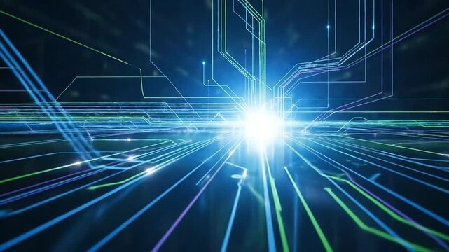 Futuristic Neon Light Trails Radiating from Central Source