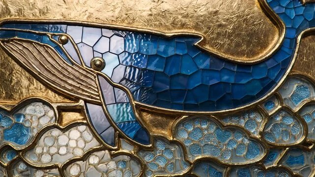 七宝とステンド調に再構成したクジラと雲の装飾レリーフ、人物なし