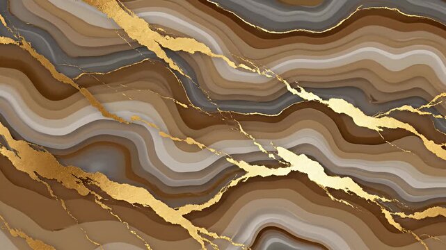 Abstract wavy brown and gray marble with gold veins
