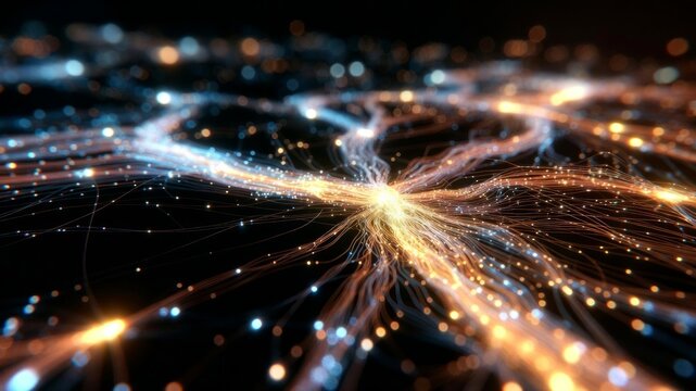Glowing AI Neural Network Lines with Flowing Data Connection
