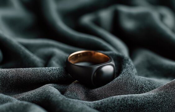 Black ring resting on soft fabric in elegant display