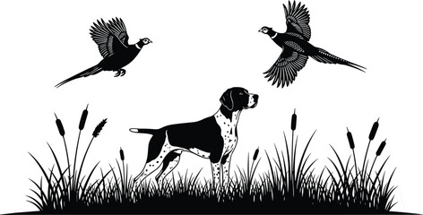 Obraz premium Hunting dog with flying pheasant birds silhouette scene, hunting landscape illustration with grass and reeds, wildlife hunting concept isolated on white background