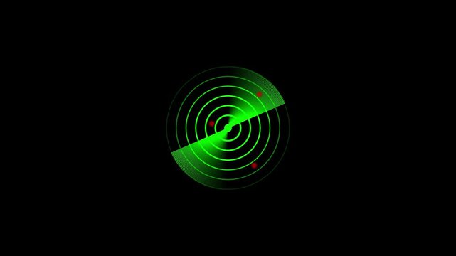 Glowing green radar screen with sweeping scan line, concentric circles, and red target blips on a dark background, suggesting detection, surveillance, navigation, and security technology.