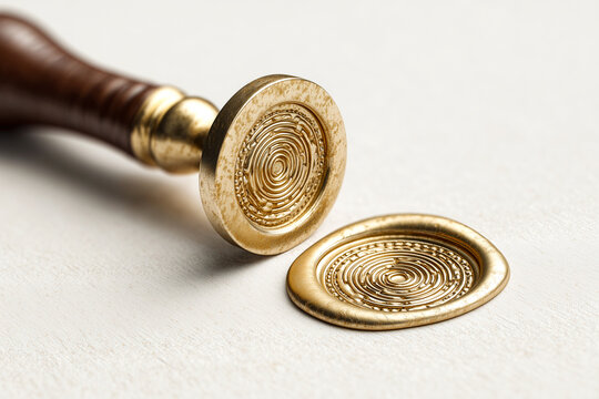 Vintage brass wax seal stamp with a circular maze pattern and a golden wax seal on paper. Close up of elegant stationery tools for invitation, letters and secret documents sealing