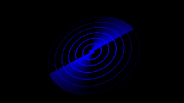 Abstract blue radar screen with concentric circles and sweeping beam on black background, futuristic scanning interface concept.