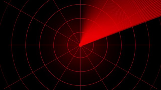 Abstract red radar screen with sweeping beam, concentric circles and grid lines on dark background, showing scanning motion and target detection concept.