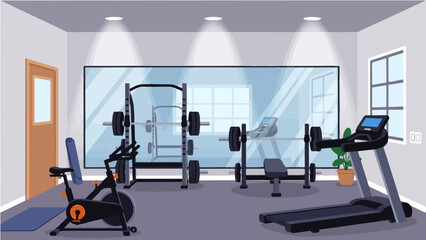 Obraz premium Modern gym interior with weights treadmill and bike vector illustration