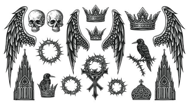 Vintage gothic engraving illustration set featuring skull with wings, gargoyle statues, bat wings, cross, cathedral architecture and crown of thorns.