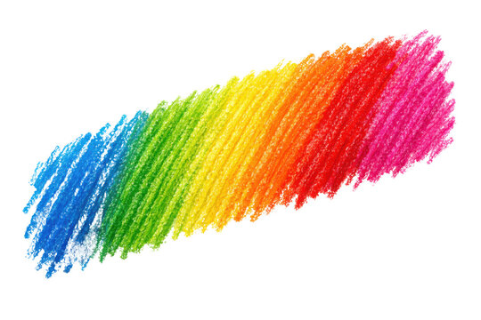 Vibrant hand-drawn rainbow crayon scribble texture on a clean white background, showcasing a spectrum of bright colors from blue to red, ideal for creative design elements and artistic projects.