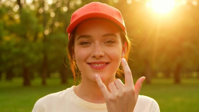 Young woman in a park with trees, smiling and making a rock and roll sign. A medium shot expressing fun and excitement. Youth culture, cheerful attitude, positive lifestyle.