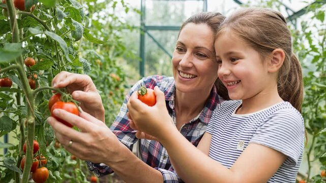 Mom and daughter pick fresh tomatoes in a garden in the summer during a family bonding moment together