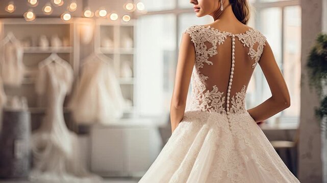Elegant Bride Admiring Intricate Back Detail of Wedding Dress
