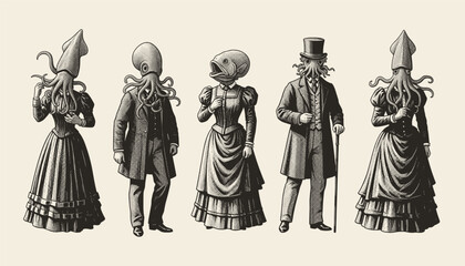 Obraz premium Vintage hand drawn sketch of anthropomorphic animals in Victorian gentleman suits, dapper animal characters, formal attire, cad drawing flat vector illustration