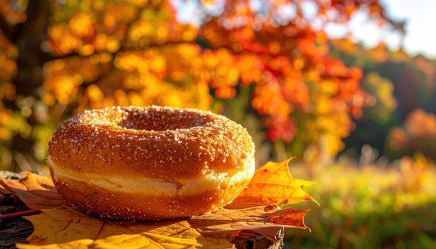 Delicious spiced apple cider doughnut with cinnamon sugar coating rests on autumn leaves during a vibrant fall season