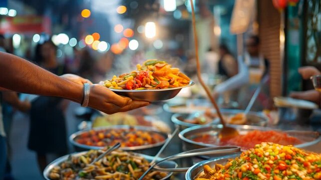 Street Food Vendor Serving Sizzling Vegetable Curry at Night Market