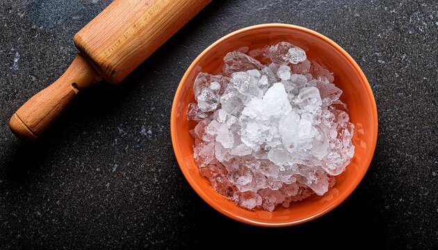 Crushed Ice In Orange Bowl Viewed From Above On Dark Granite Counter With Wooden Rolling Pin