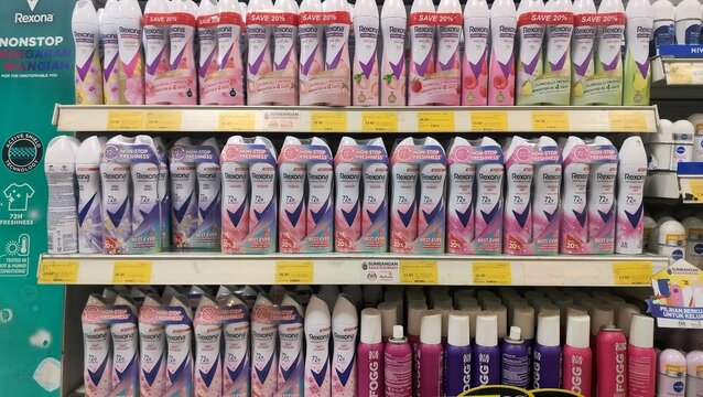 Malaysia, Kuala Terengganu 16 March 2026 : Rexona MotionSense anti-perspirant deodorant on supermarket shelf. Rexona Men Deodorants display for sell in the supermarket shelf 