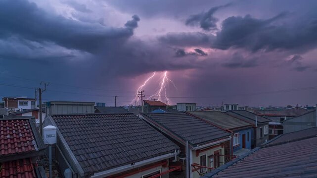 都市インフラの上空を落雷が走り配線と瓦屋根が白く浮かぶ教育的カット