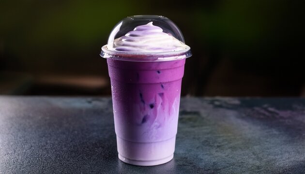 Takeaway Cup Filled With Iced Purple Ube Taro Latte Featuring Milk Swirl