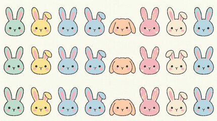 Obraz premium Cute pastel bunny faces vector border with colorful smiling rabbits in rows on white background for easter decoration