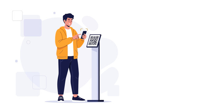 Man scanning QR code on phone at kiosk, modern technology, contactless payment