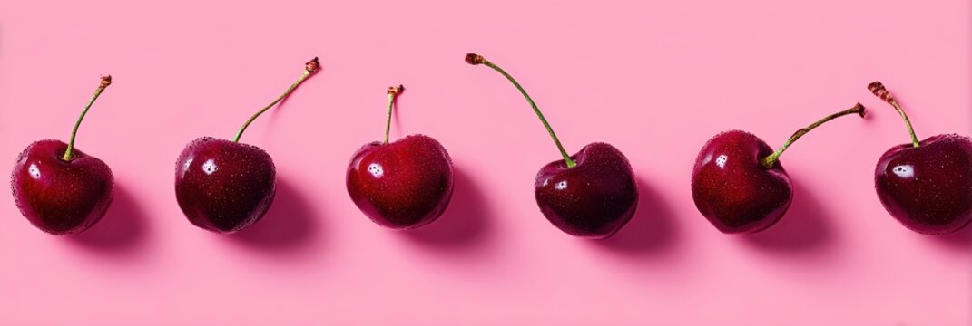 Row of Fresh Cherries on Pink Background, Minimalist Fruit Still Life.