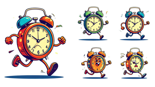 Retro vintage alarm clock character in different poses including running waking up and tired expressions with classic cartoon rubber hose style