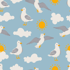Seamless pattern with seagulls, sun and clouds in flat vector style. Summer beach sky background for seaside design, textile prints, wrapping paper and coastal themes © E_katherinne