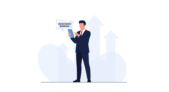 Investment Banking professional using tablet with growth arrows background