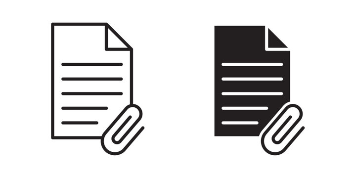 Attach document icon designed in black stroke and fill styles, isolated on a white background. Ideal for file sharing, email attachments, and document management concepts.