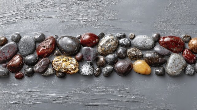 Assortment of Smooth Grey and Earthy Toned Stones Arranged on a Textured Surface