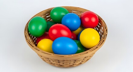 Fototapeta premium Colorful balls in a wicker basket on a white background green