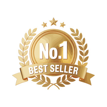 Golden best seller number one award badge with laurel wreath and stars icon