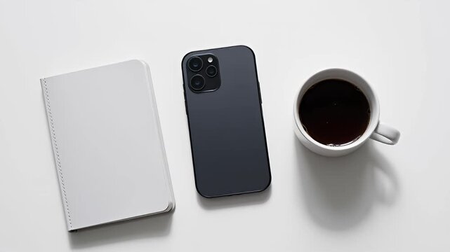 Minimalist flat lay composition featuring notebook, black smartphone, and coffee cup on white