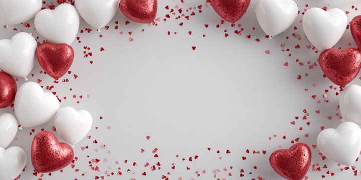 Romantic red and white heart balloons framing elegant copy space, perfect for Valentine greetings, love promotions and celebration banners