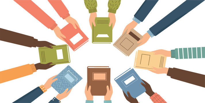 Diverse Hands Holding Books Circle Illustration Representing Education, Book Club Community, Reading Culture, Knowledge Sharing, and Multicultural Learning Concept Vector Design