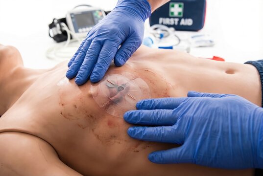 Paramedic wearing blue gloves applying a vented chest seal to a simulated wound on a medical training dummy