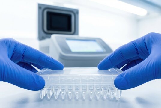 Laboratory technician hands in blue gloves loading small plastic sample tubes into a thermal cycler machine