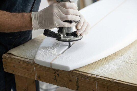 Craftsman wearing gloves using a power router to cut a straight stringer channel into a surfboard blank