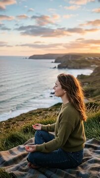 Woman meditating on cliffside at sunset.