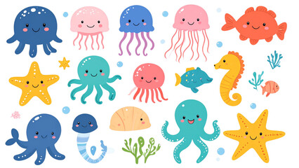 Obraz premium Collection of Cute Marine Life Vector Illustrations Featuring Pufferfish Jellyfish Clownfish Seahorse Octopus and Starfish with Happy Faces