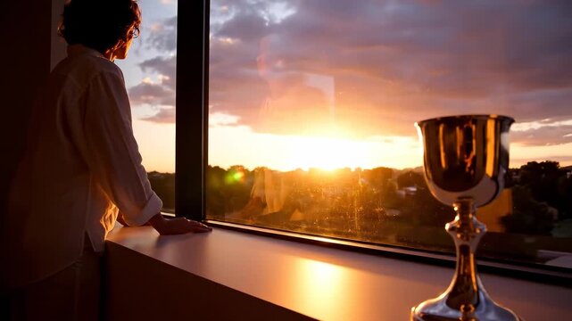 Jewish individual gazing at sunset through a window with a kiddush cup nearby for spiritual reflection concept and religious tradition in warm golden hour light