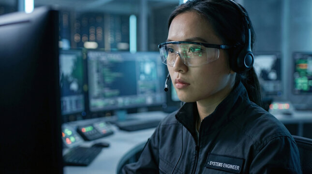Portrait of a focused female Asian tech engineer with safety glasses in a smart grid control room.