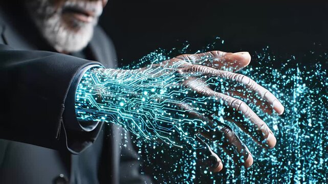 Senior businessman arm transforming into glowing blue digital circuit board and glowing data particles representing artificial intelligence and cybernetics