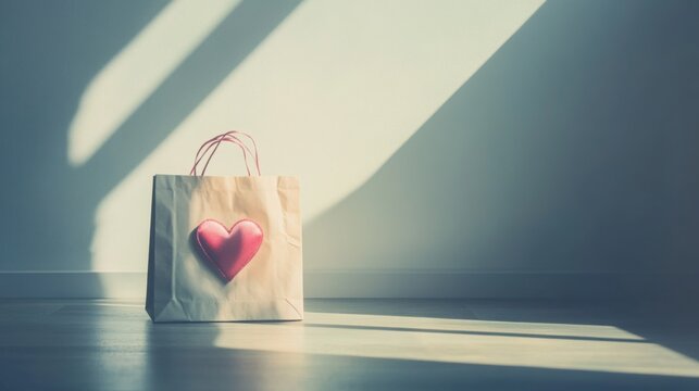 Heart-shaped gift bag sits on floor bathed in warm sunlight streaming through window casting shadows