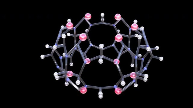 Cucurbit[6]uril macrocycle host molecule: Rotating 3D chemical structure showing central cavity for drug delivery - ProRes 4444 Alpha 3d render seamless loop animation.