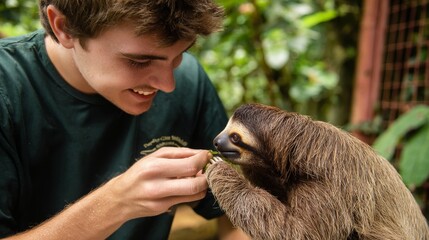 Fototapeta premium Young man feeding a two-toed sloth in a tropical sanctuary