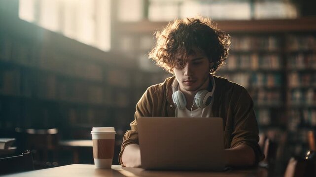 Young Student Focused on Laptop in Sunlit Library